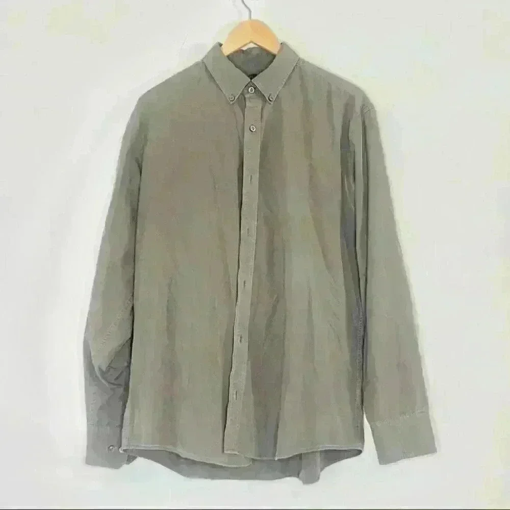 Mens Banana Republic khaki green button front dress shirt 100% cotton L